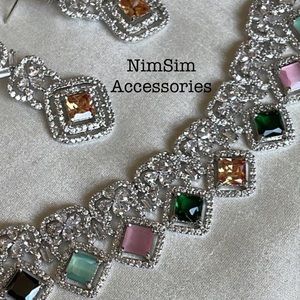 Silver Plated Pastel American Diamond Set - Multicolor